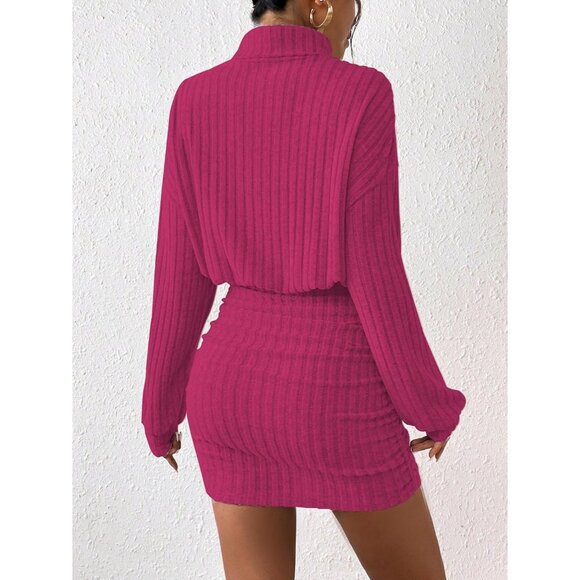 Women Rose Pink Long Sleeve Turtle Neck Cute Ribbed Knit Pullover Sweater Dress - Picture 3 of 5